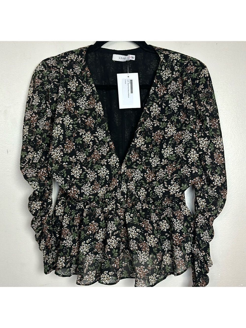 Lush Floral Deep-V Neckline Peplum Style Flowy Sheer Ruched Sleeves Top Blouse